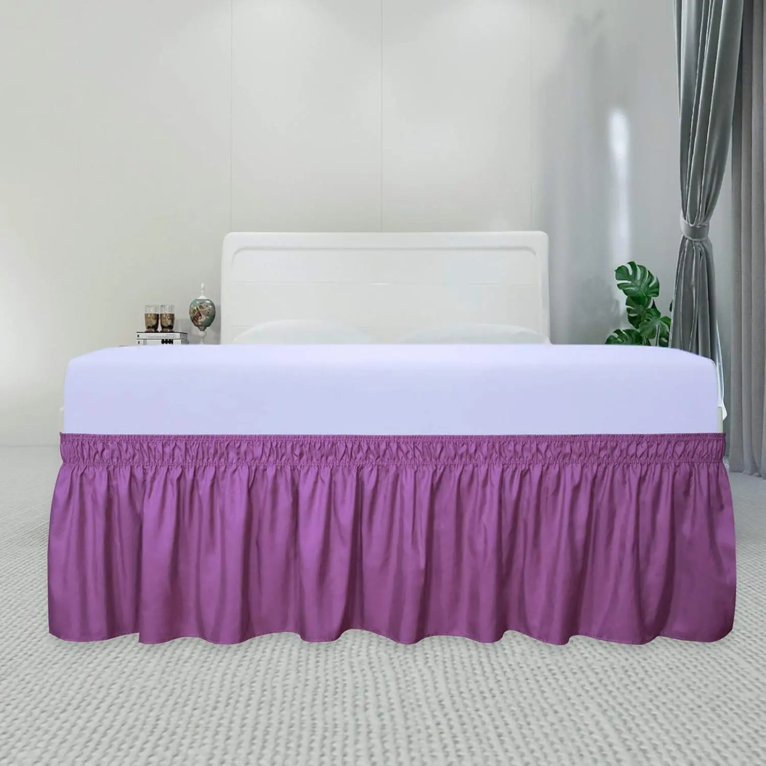 

Purple Wrap Around Ruffled Bed Skirt with Adjustable Elastic Belt Olympic Queen - 17" Drop Length Wrinkle Free Bedskirt