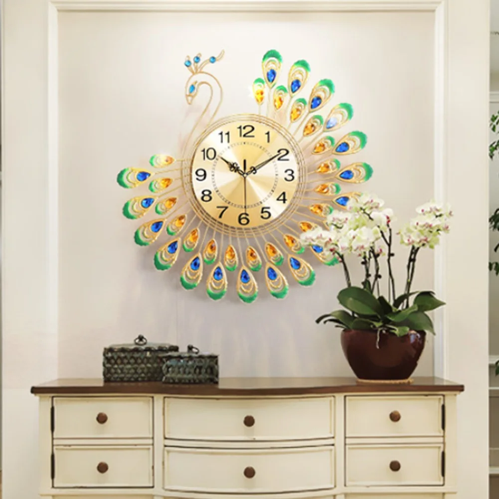 15in Silent Metal Wall Clock Creative 3D Peacock Wall Hanging Clock For Living Room Decor Modern DIY Art Background Home Decor