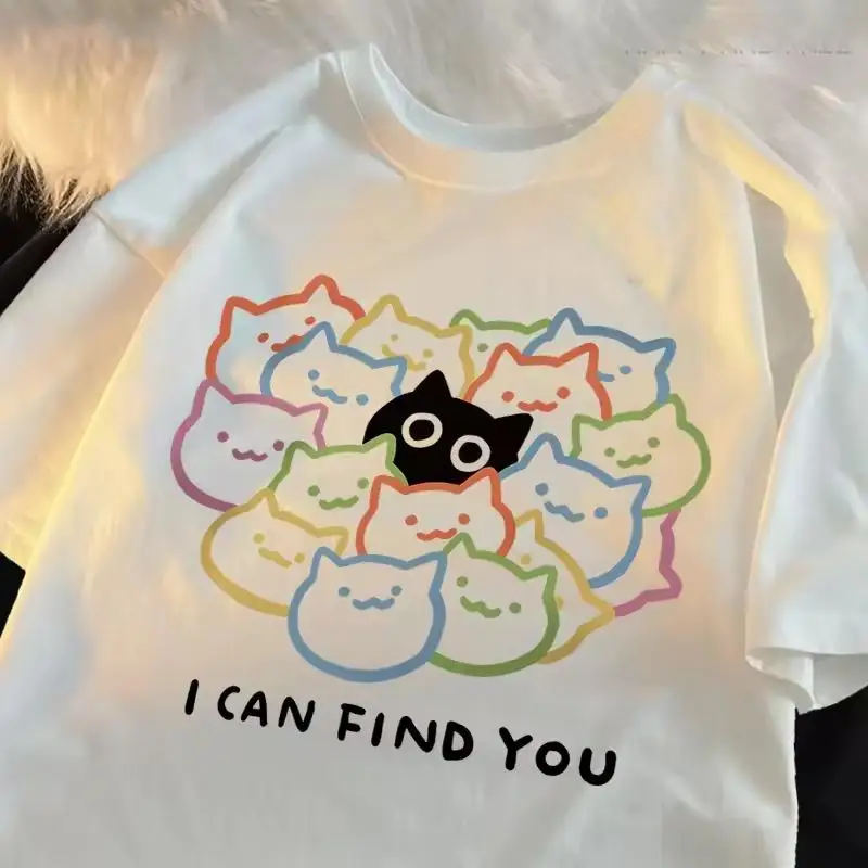 Colorful Cat Baby Pure Trendy Summer Loose Short Sleeved T-shirt Men Women Original Colorful Cat Pose Cute Tees Couple Women