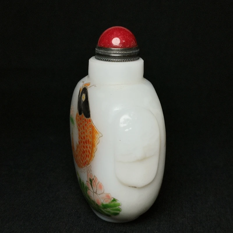 YIZHU CULTUER ART Size 3.2 Inch China Old Beijing Glaze Carving Painting Lucky Lotus Fish Snuff Bottle