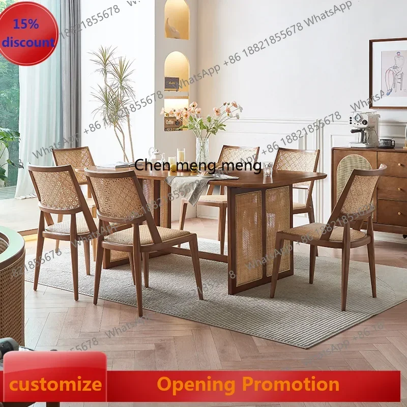 D5556 s6601 rattan solid wood household small apartment dining table chair combination simple modern homestay hotel long table a