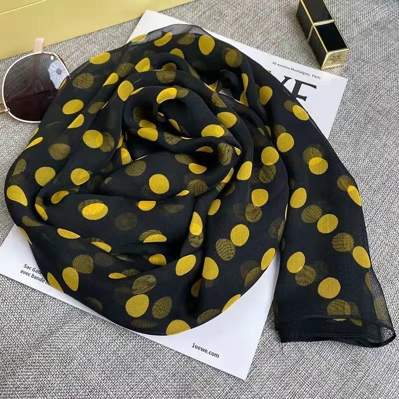 Women dot Silk thin scarf georgette Scarf Bandana Elegant Long Shawl Hijab Summer Sun Protection Beach Sunscreen Thin Hijab