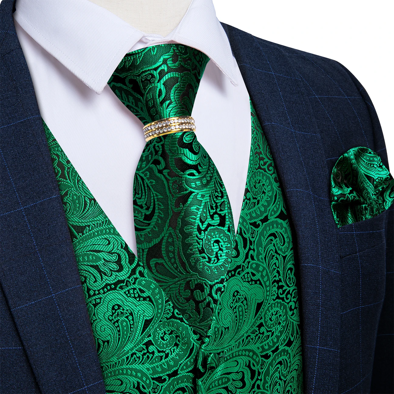 Emerald Paisley V-Neck Vest Full Accessory Combo Necktie Bow Tie Pocket Square Cufflinks Gold Ring For Stage Show Holiday