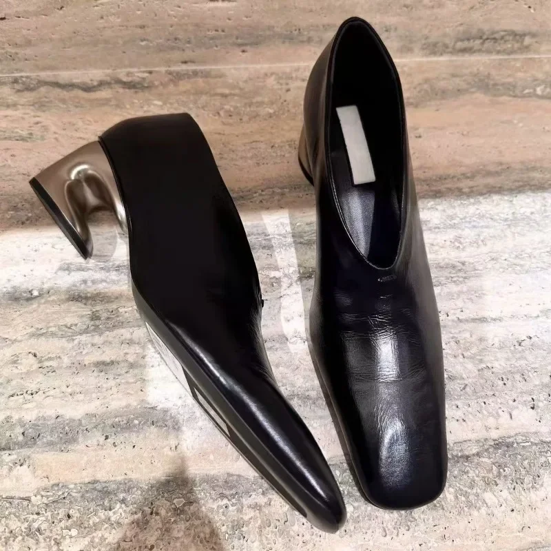 

Новинка 2025 года, женские универсальные кожаные туфли на высоком каблуке во французском стиле в стиле ретро, элегантные кожаные туфли на толстом каблуке с квадратным носком