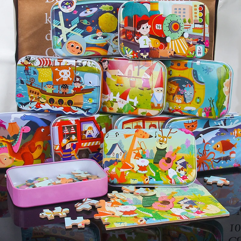 만화 소녀 소년 어린이 유아 나무 게임 퍼즐 종이 퍼즐 철 상자 60 금속 주석 상자 어린이 퍼즐 장난감 휴일 선물