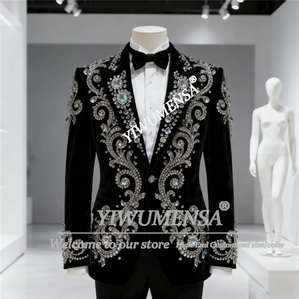 Sparkly Crystals Beaded Velvet Suit Men 2 Pieces Sets Customized Single Breasted Prom Blazers Male Fashion Groom Wedding Tuxedos