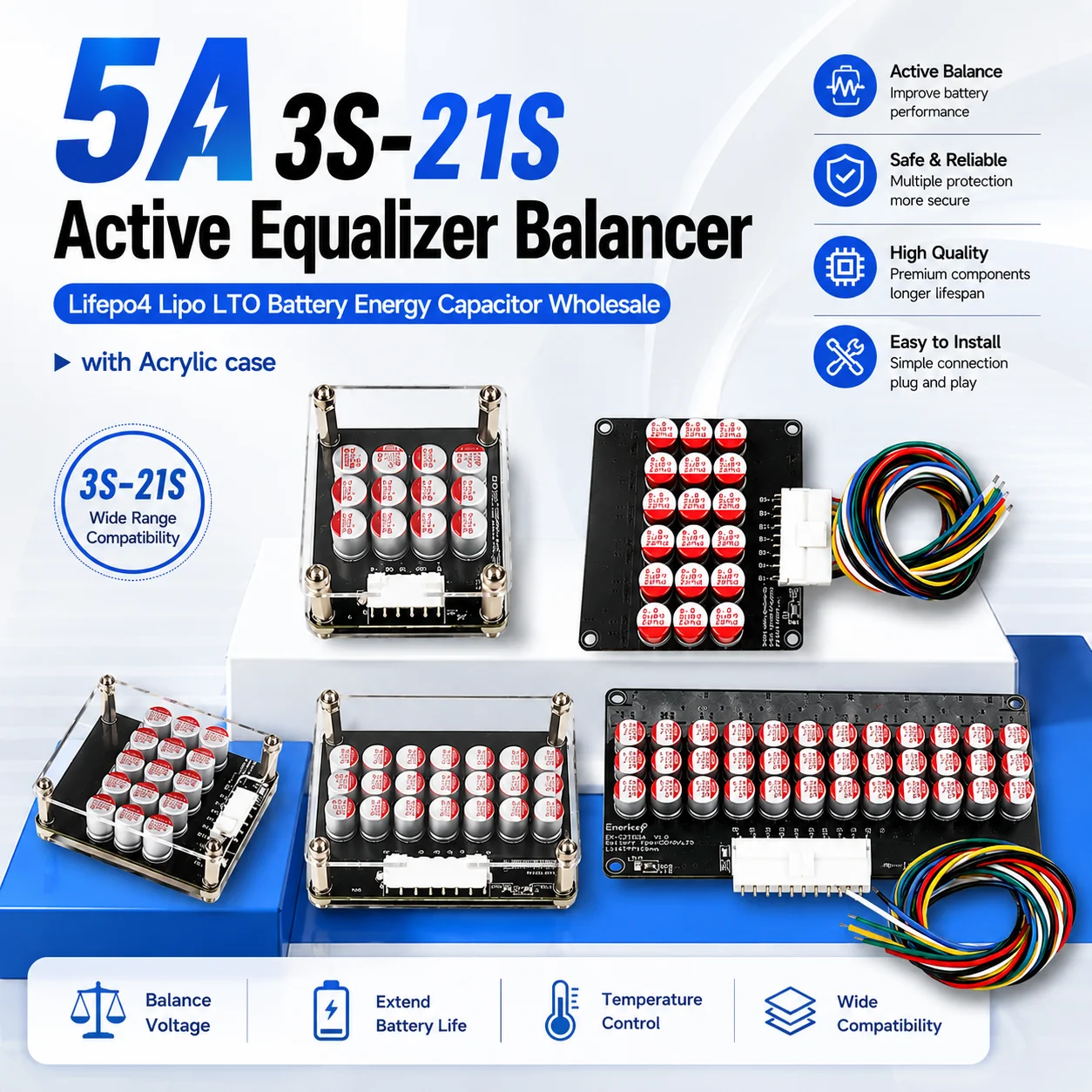 5A 3S 4S 5S 6S 7S 8S Active Equalizer Balancer Lifepo4 10S 12S 14S 16S 17S 21S Lipo LTO Battery Energy Capacitor Acrylic Case