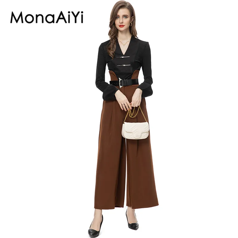 MonaAiYi 2023 Newest Runway High Street Fashion Designer Women's V-Neck Cuff Fold Black Tops Jacket+ Wide-Leg Trousers 2pcs Set