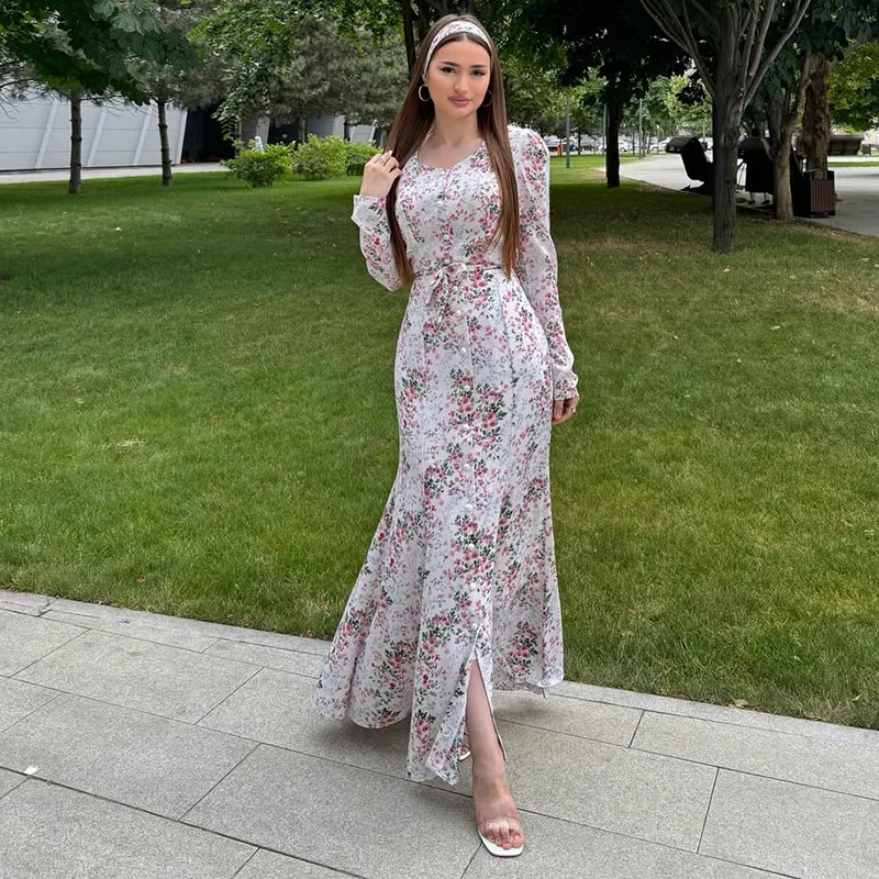 

Женское платье-абайя с принтом на Ид, однобортное, на шнуровке, арабская длинная роба, джалабия, мусульманское платье, марокканские и дубайские абайи, кафтан