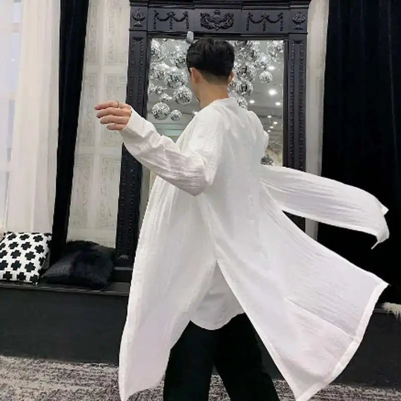 & Cotton 2025 Men En Long Shirts Side Split Summer Stand Collar Blouse Man Vintage White Black Color Punk Hip Hop Shirt &