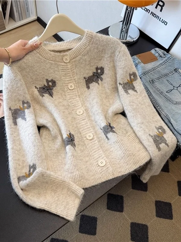 

Ladies Korean Sle Lazy Dog Pattern Knitted Sweater Loose Fit Long Sve Soft Polyester Casual Wear Spring Autumn Winter