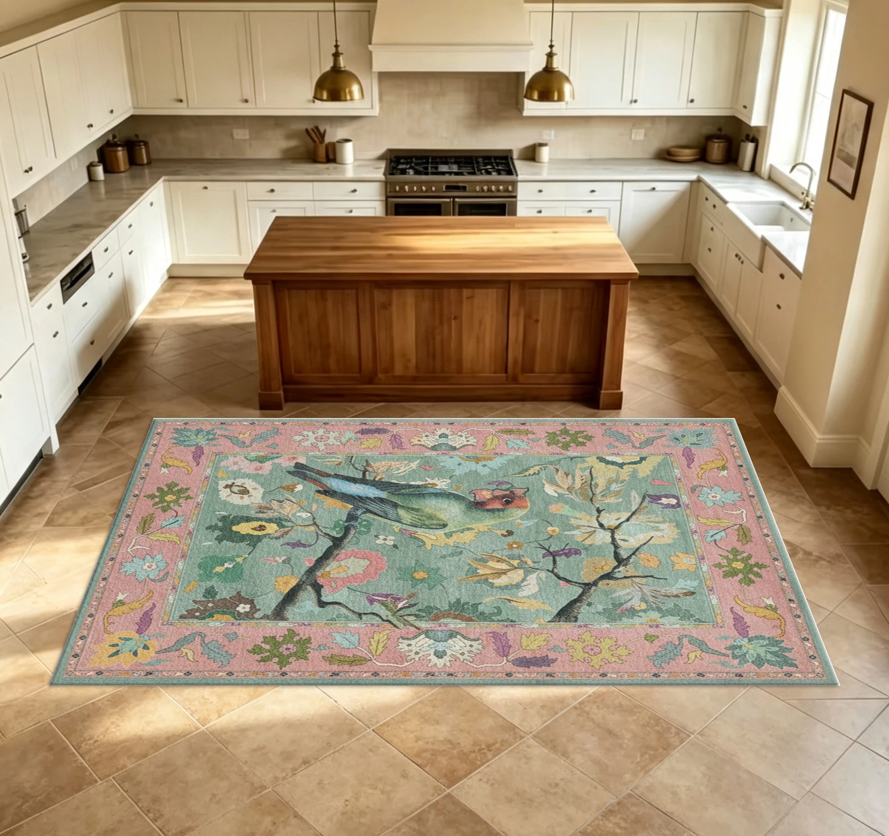 Vintage Floral Bird Pattern Carpet, Bohemian Style Gorgeous Border Non-Slip Rug, Suitable for Living Room Bedroom Home Decoration