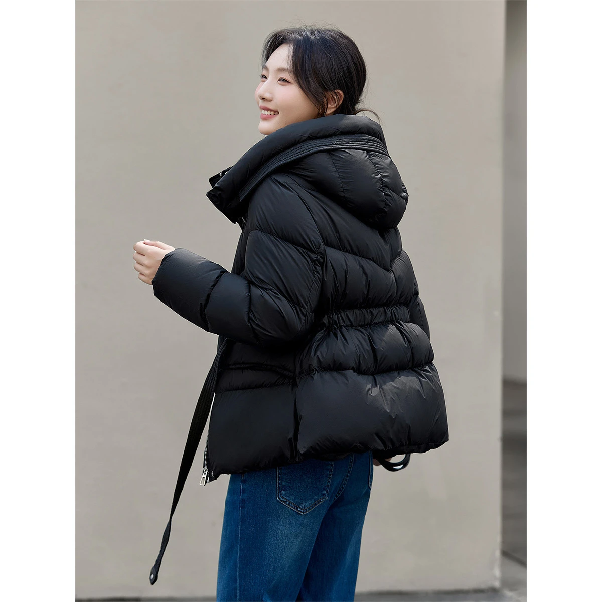 Vimly レディース ブラック パファージャケット 2025 冬 スタンドフード付き襟 暖かい 防風 ルーズフィット 美しいカジュアルダウンコート 50860