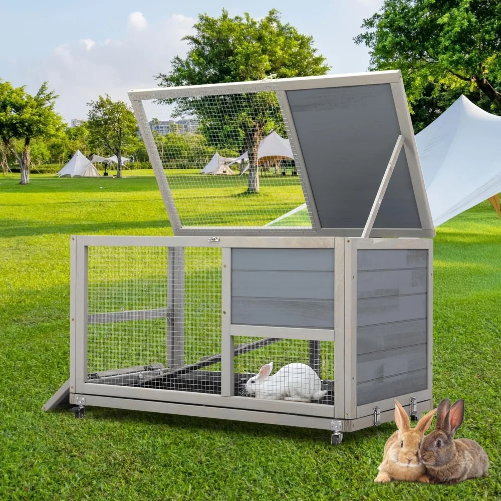 

Wooden 36Inches Rabbit Hutch Indoor with Wheels Bunny Cage Outdoor Durable Wide Space Rabbit Cage with Tray, Openable Roof, Anti