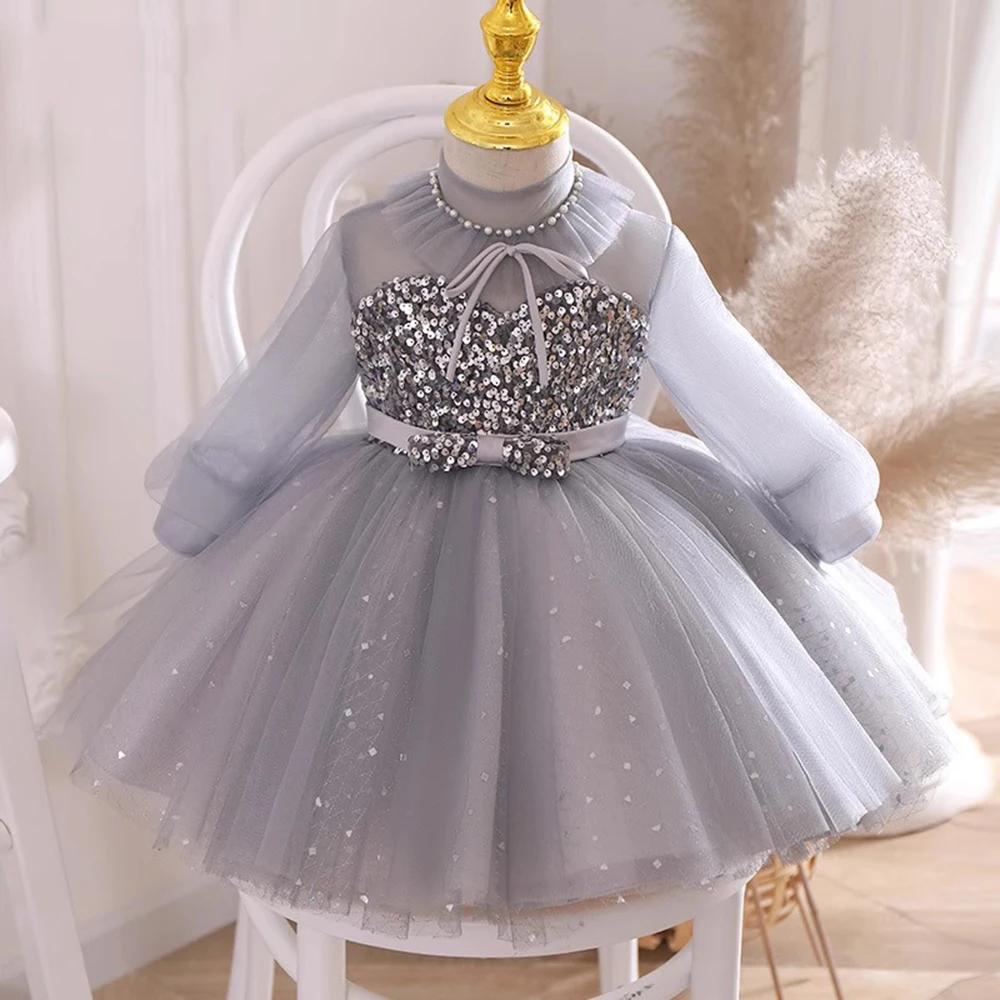 

1-8T Grey Flower Girls Dress Spring Autumn Lantern Sleeved Ruffles High Collar Gown Sequins A-line Birthday Party Princess Dress