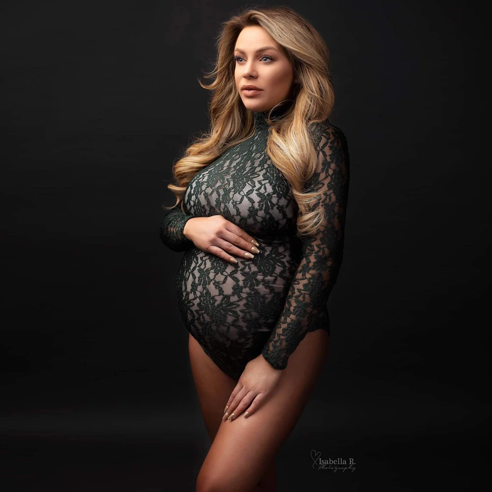 Maternity Photography Props Dress Stretchy Lace Bodysuit Removable Chiffon Sides Slit Skirt For Photo Shoot Pregnant Accessories