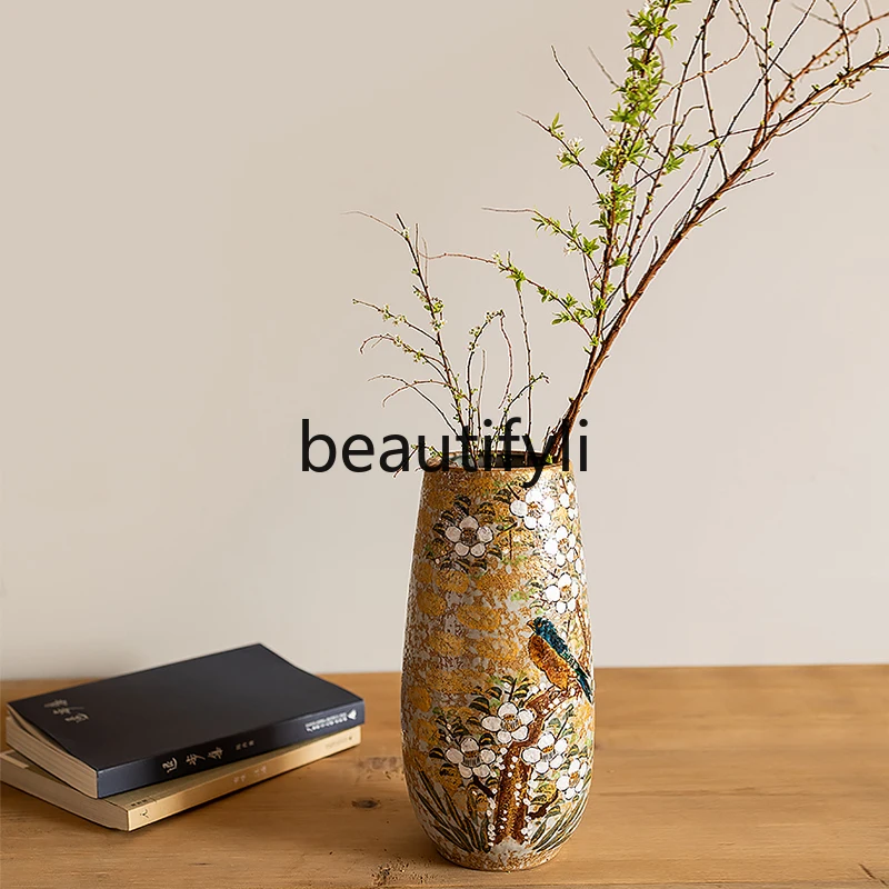 Burning gold color flower and bird pastoral Japanese ceramic vase flower insert living room ornament