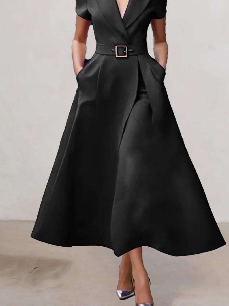 فستان نسائي أنيق مكتب سيدة مزاجه كم قصير ألف خط فستان طويل أنثى ميدي حفلة فيستدوس رداء مع حزام 2025 #2