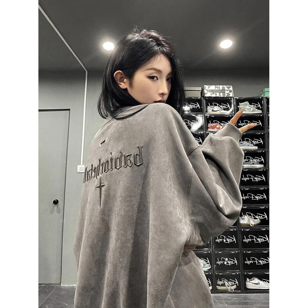 American Retro Round Neck Women's Hoodie Top Autumn Fashion Embroidered Letter Oversized Loose Pullover Sweatshirt Streetwear