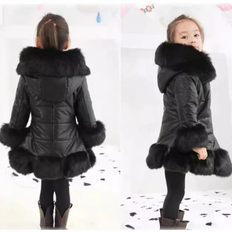 

Children Faux Fox Fur Coats Pu Leather Solid Jackets Pocket Hooded Long Sleeves Single Breasted Thick Casual 2025 Autumn Winter