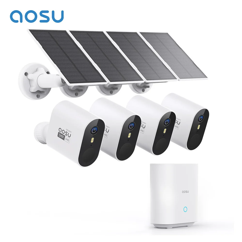 

AOSU 5MP 4 Cam Kit Wireless Solar Camera System Outdoor WiFi Solar Security Camera Set Color Night Vision 2-Way Talk