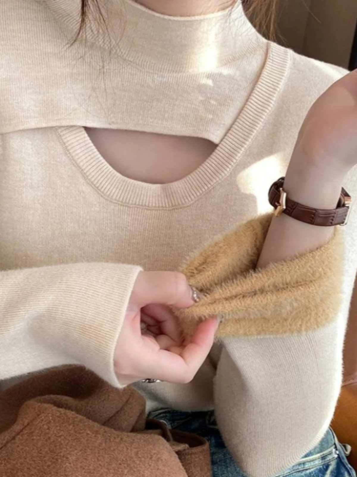 

Thiened Fce Lined Long Sve Knitted Sweater Women's Base irt Inner Wear Hollow out High Collar Winter New Sle