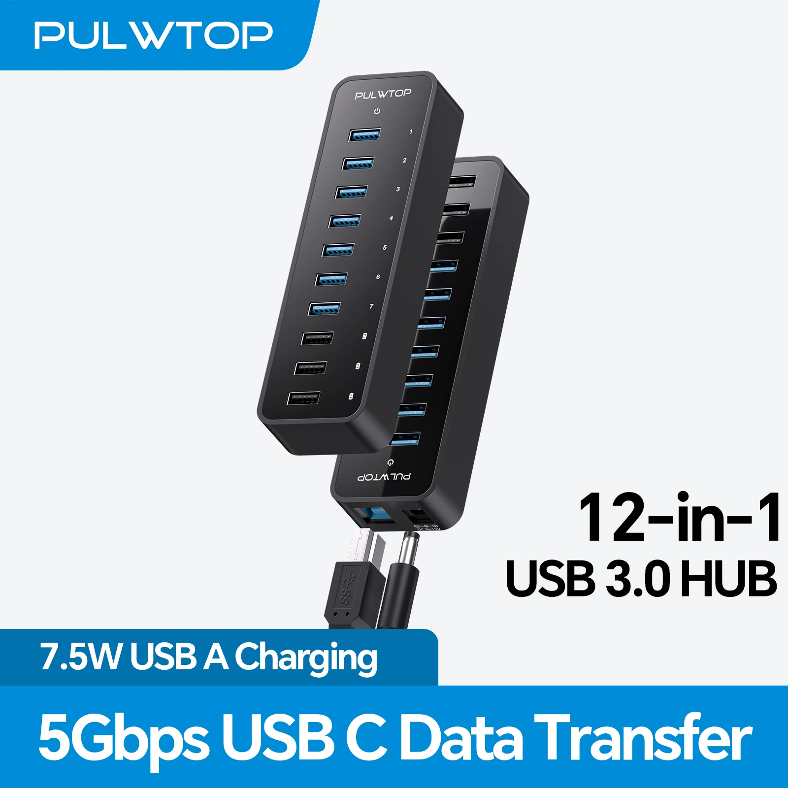 

Powered USB 3.0 Hub with 10 Ports, 7 USB 3.0 5Gbps Data + 3 Smart BC1.2 2.4A Charging, with Laptop, PC, Mac, Mobile(60W Adapter)