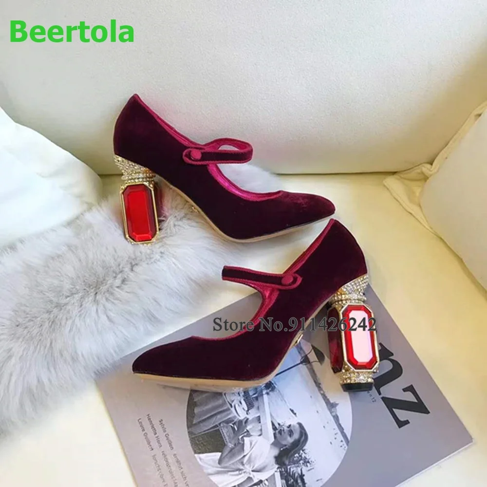 Sepatu pump kain Suede desain mewah tumit berlian imitasi untuk wanita 2023 Solid tali pergelangan kaki bulat sepatu pesta mode elegan