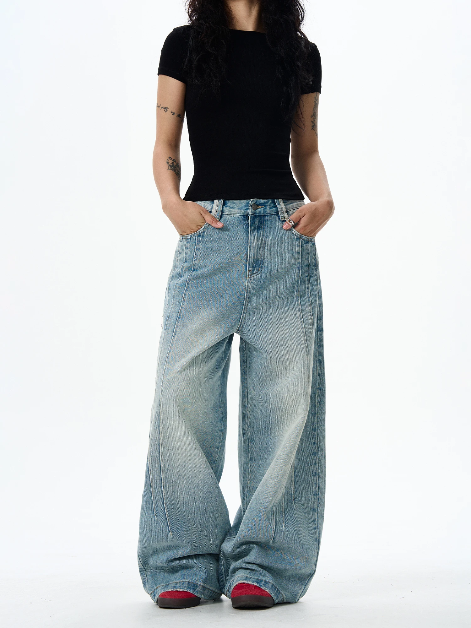 

Американские повседневные широкие джинсы с высокой талией, свободные брюки с вышивкой в полоску, длина до пола