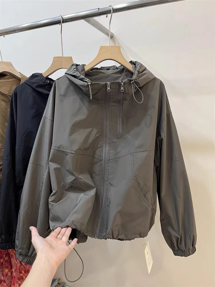 

Spring Autumn New Sle ort Loose Simple Hooded Jaet Youth Faion Urban Outerwear Coat Polyester Fiber Sunscreen Zipper