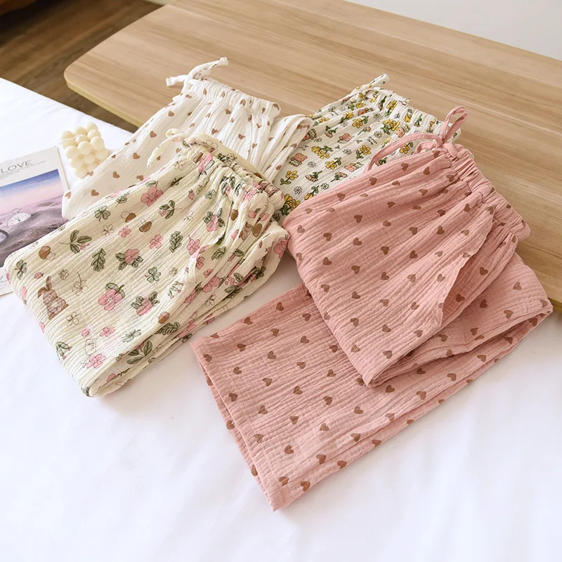 Pantalones de pijama de crepé de algodón para mujer, pantalones de dormir de cintura elástica, ajuste holgado, transpirables y cómodos, ropa de