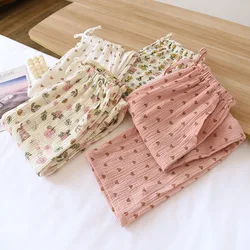 Pantalones de pijama de crepé de algodón para mujer, pantalones de dormir de cintura elástica, ajuste holgado, transpirables y cómodos, ropa de salón para el hogar