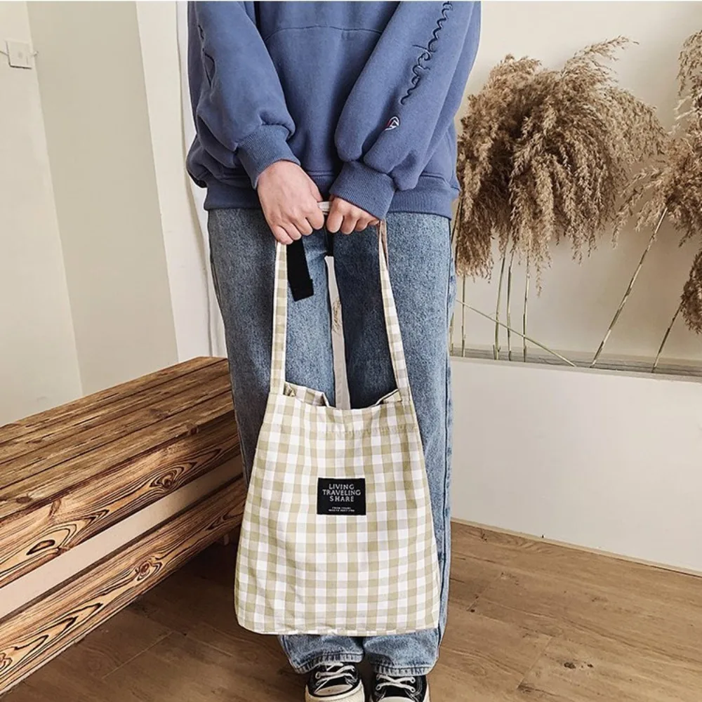 Cotton Linen Shoulder Bag Fashion Square Large Capacity Canvas Handbag Check Plaid Student Books Bag Ladies