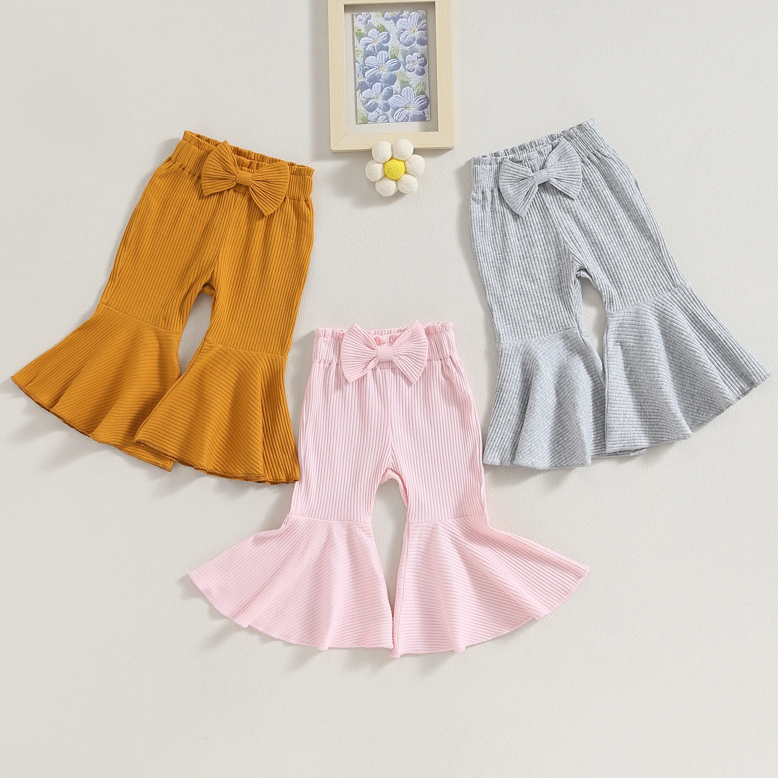 

Baby Girl Flare Pants Solid Color Ribbed Trousers Bowknot Elastic Waist Fall Bell Bottom