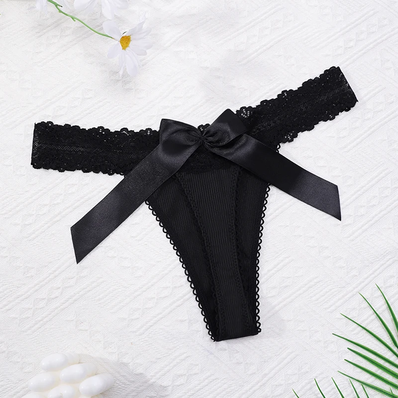 1pcs Black Bow Sexy Lace Women's g-string Low Waist Breathable Underwear Solid Panties Comfortable Lady thongs Sexy Lingerie image 3