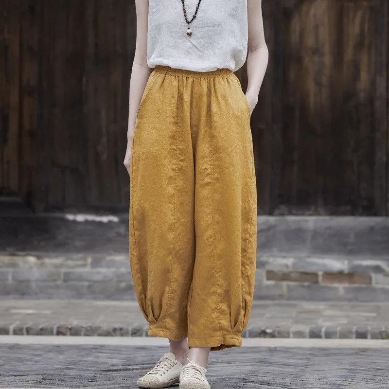 

High Quality Cotton Linen Casual Pants Women New Arrival 2024 Summer Vintage Style Loose Female Ankle-length Harem Pants M146