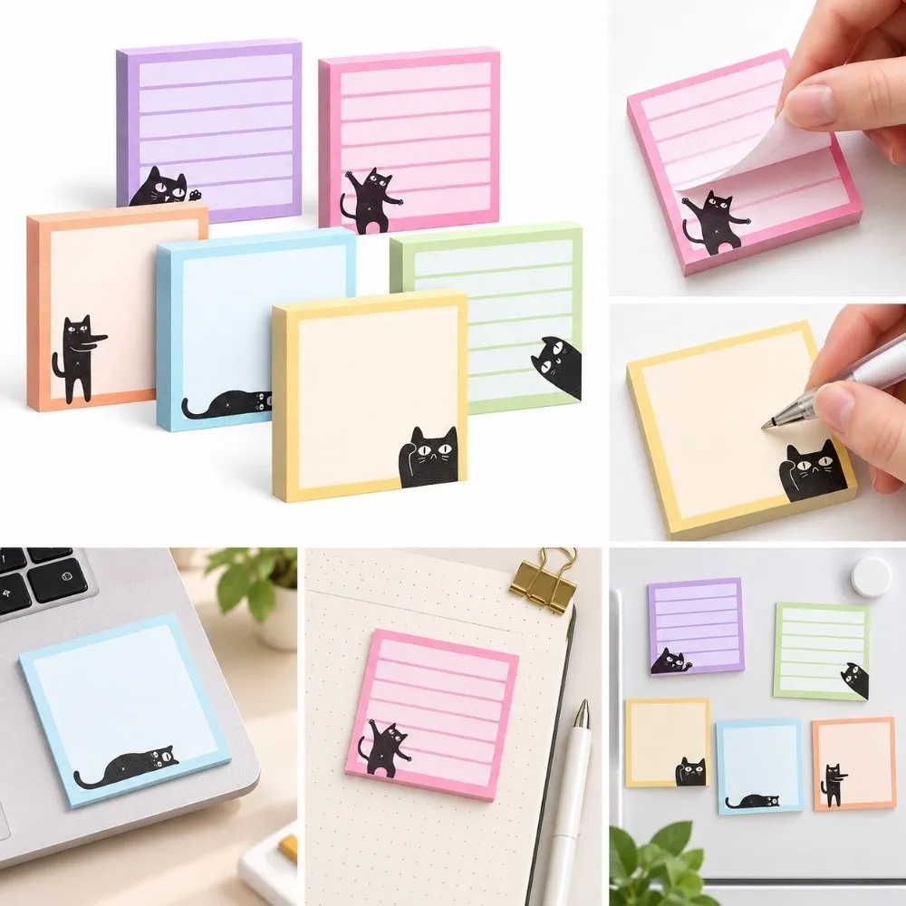 9pcs Set Black Cat Sticky Notes Random Patterns Sticky Backing Self-Stick Note Pad Macaron Style Colorful Page Markers
