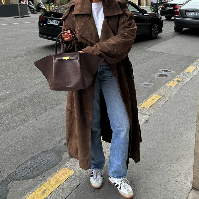 

Versatile Casual-chic Long Suede Coat Autumn Loose Lapel Temperament Commuter Vintage Stylish Trendy Women's Trench Coats