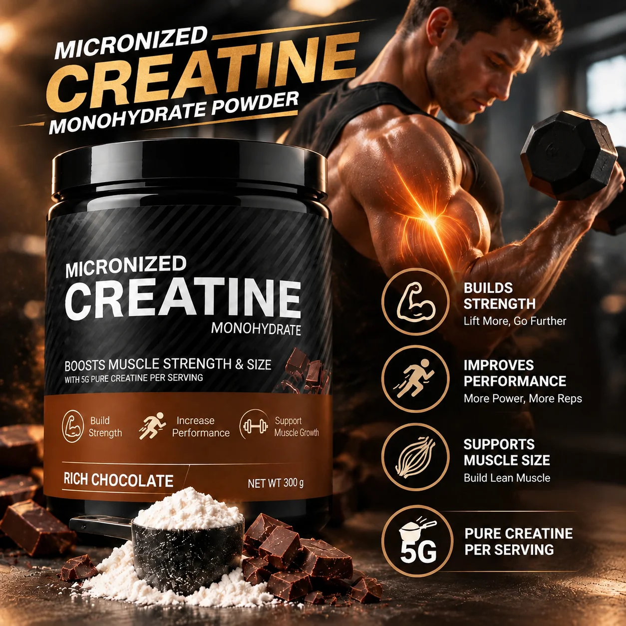 Micronized Creatine Monohydrate Powder - Boosts Muscle Strength & Size,With 5g Pure Creatine Per Serving & Rich Chocolate，300g