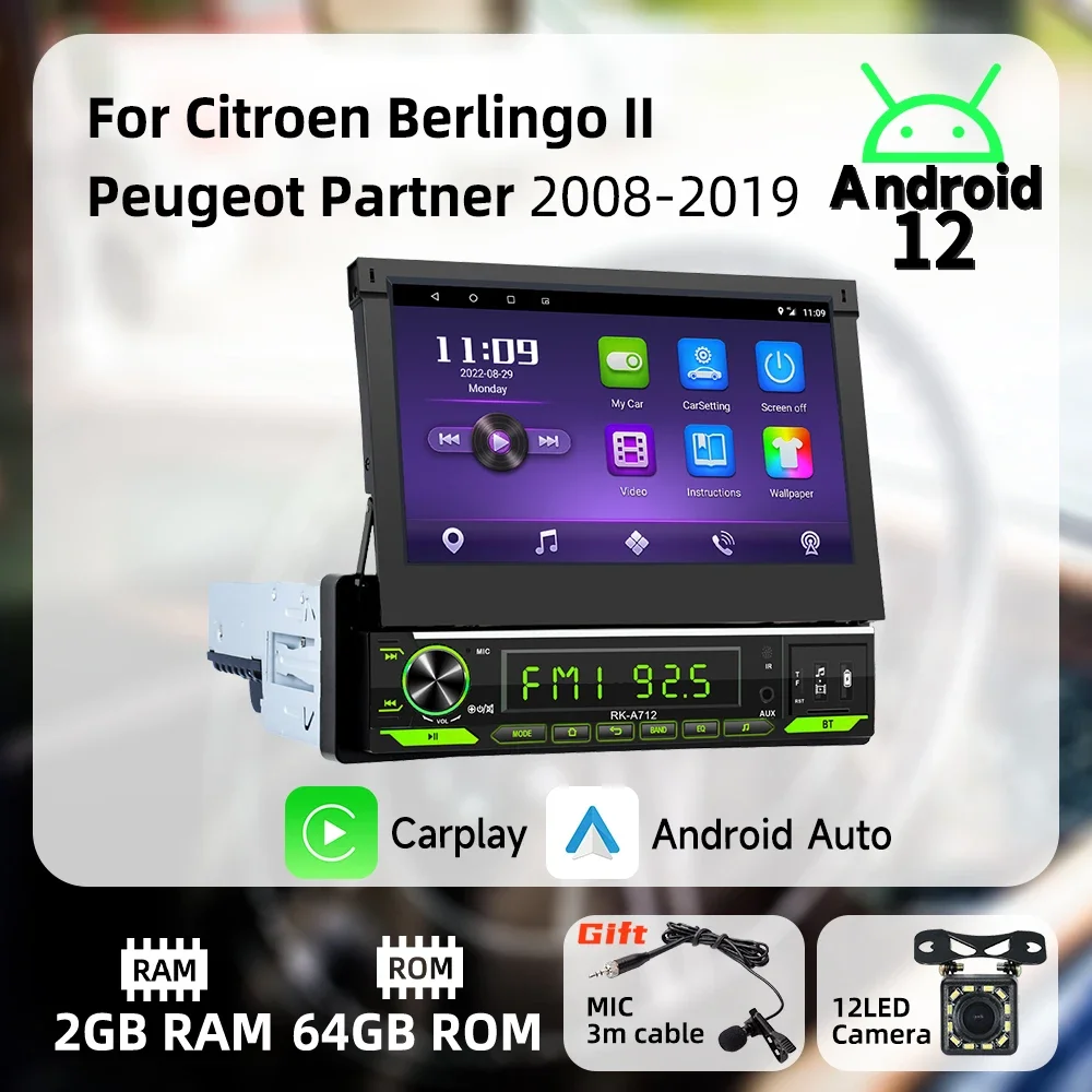 Carplay android auto 7 "tela retrátil android carro multimídia 1 din rádio para citroen berlingo ii peugeot parceiro 2008-2019