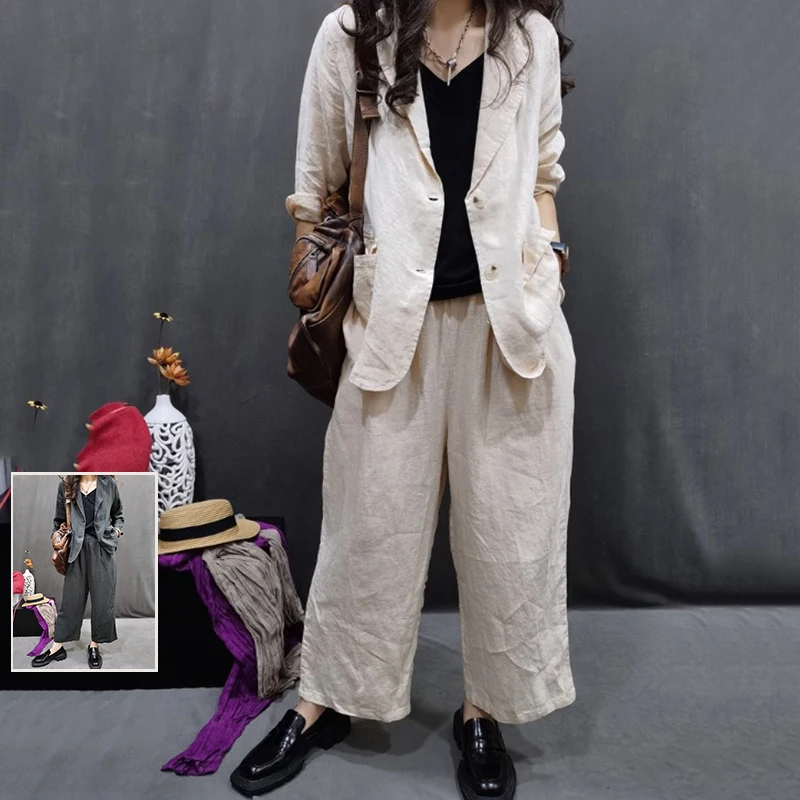 

Faionable Cotton Linen Set Women's Long Sve Collared Casual Wide Leg Pants Linen Two Piece Set Autumn Season