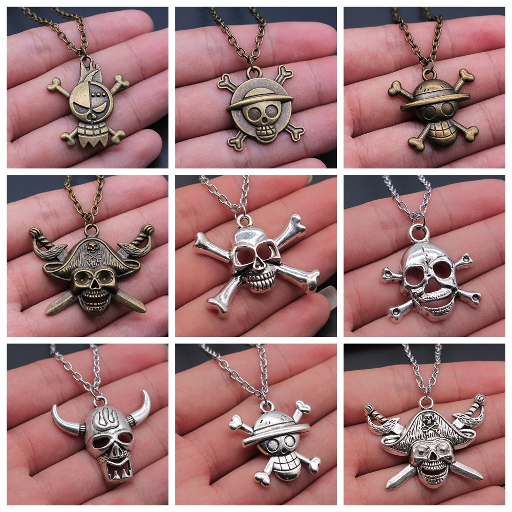 Vintage Antique Silver Color Antique Bronze Color Pirate Skull Pendant Necklace Sword Skull Pendant Necklace Punk Jewelry