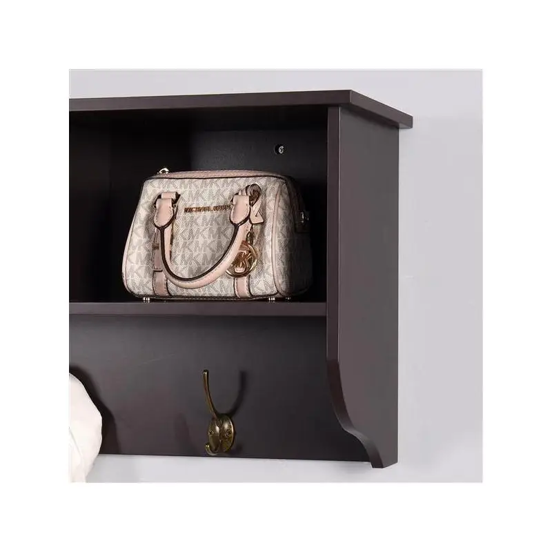 ราวแขวนเสื้อผ้าติดผนังแบบเอสเพรสโซพร้อมตะขอคู่ 4 อันและชั้นวางของไม้สำหรับห้องนั่งเล่น