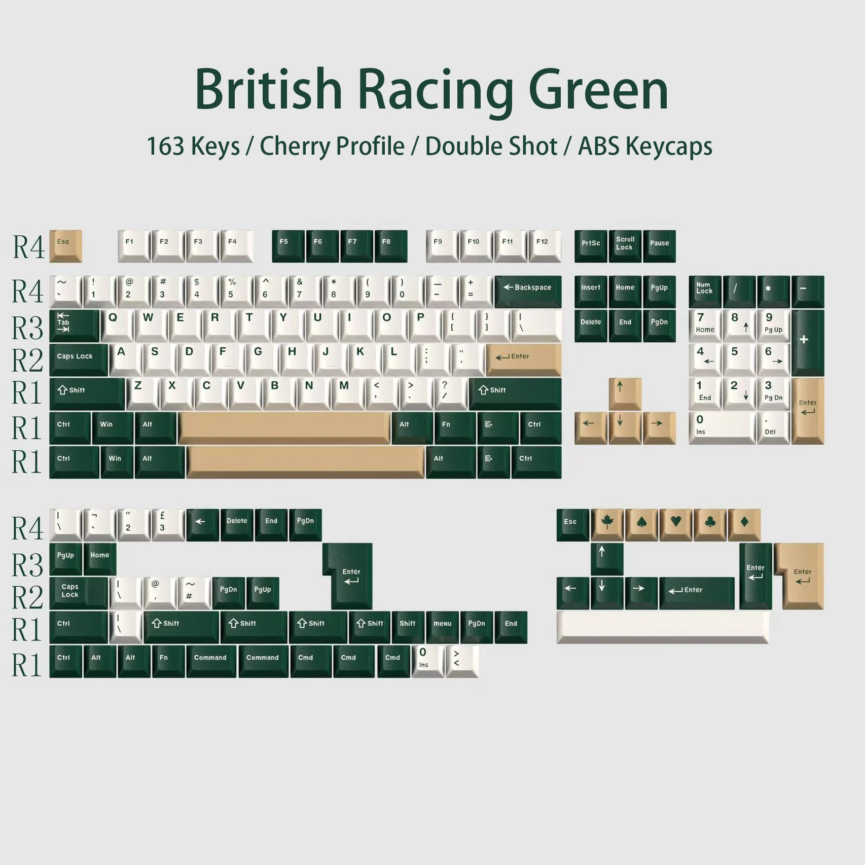 163 Keys British Racing Green Keyboard Keycaps Cherry Profile Double Shot ABS Keycaps for MX Switches Mechanical Gaming Keyboard