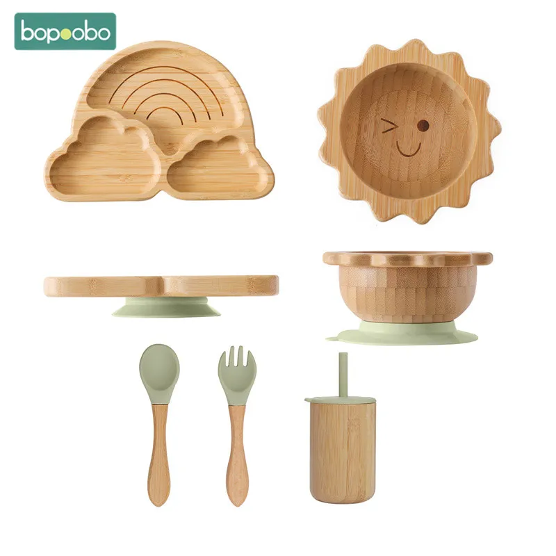 1Set Baby Bamboo Sucker Plates Cups Fork Spoon BPA Free Silicone Non-slip Tableware Children's Feeding Dishes Infant Birth Gifts