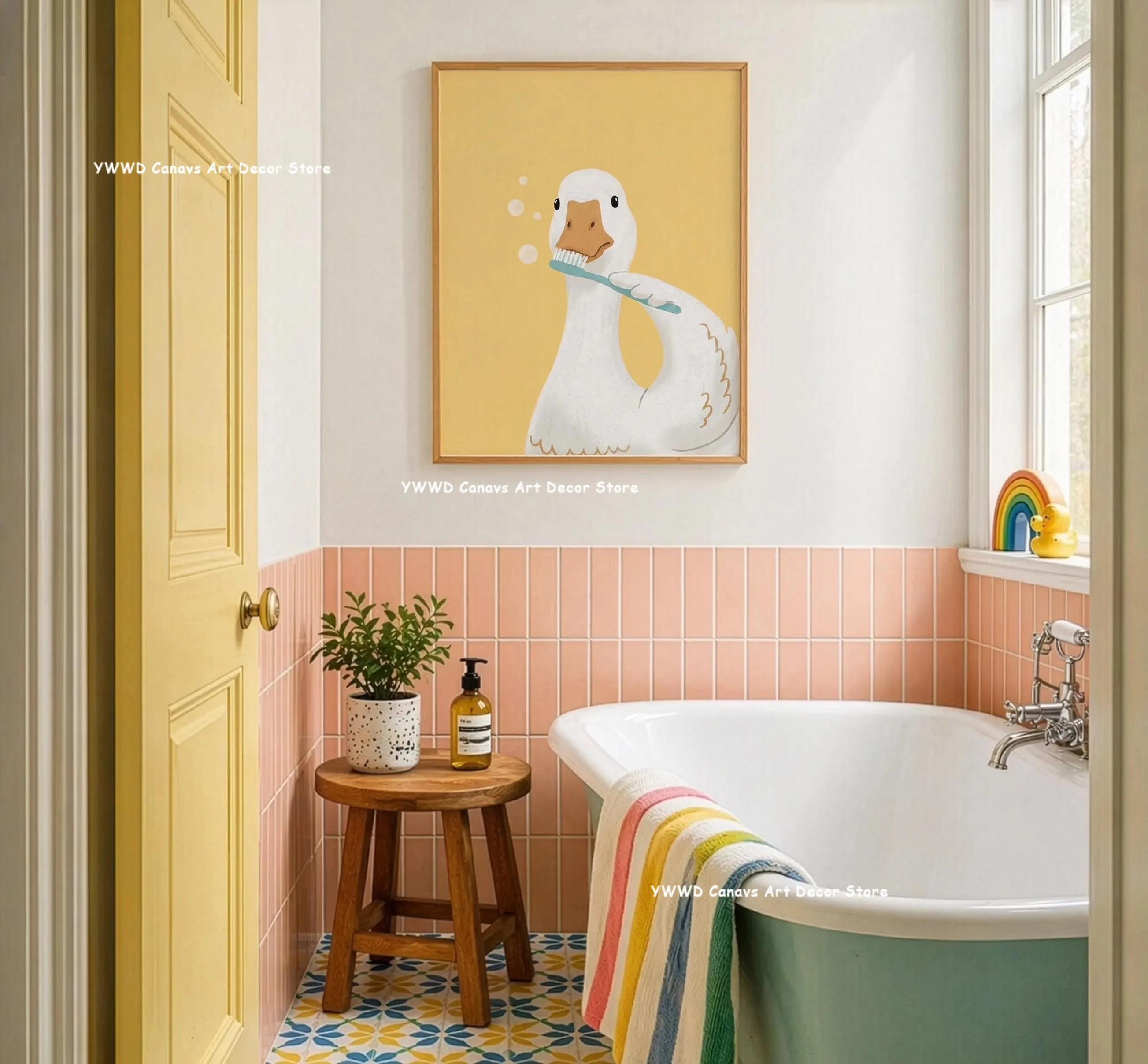 Stupid Goose Brushing Teeth Bathing Canvas Prints Funny Animal Bathroom Wall Art Posters for Modern Game Room Home Decor Gifts