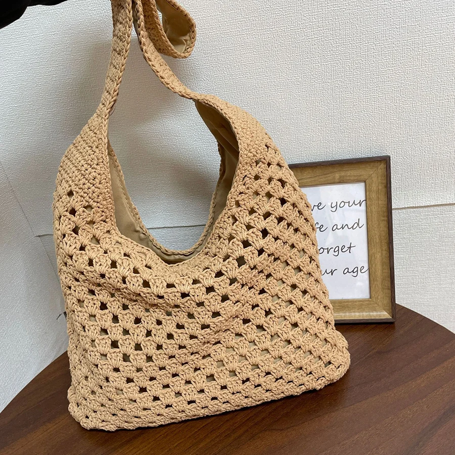 Summer Crochet Thread Knitted Shoulder Bag Leisure Beach Hollow Handbag Solid Color Vacation Woven Totes Shopping Bags For Women