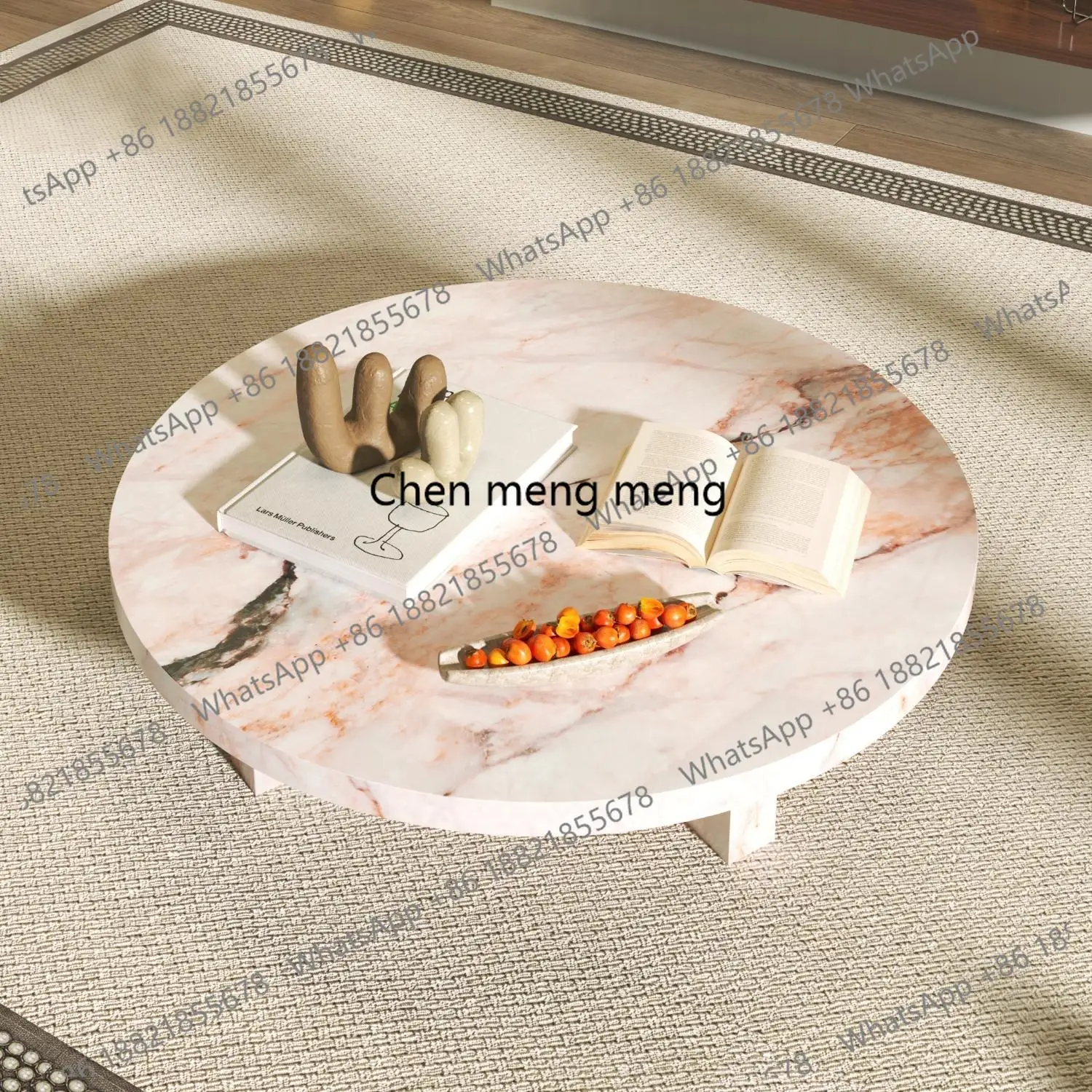 "Pink Jade Round Coffee Table - Luxury Marble Slate Side Table for Spacious Living Room, High-End Stone Tea Table"