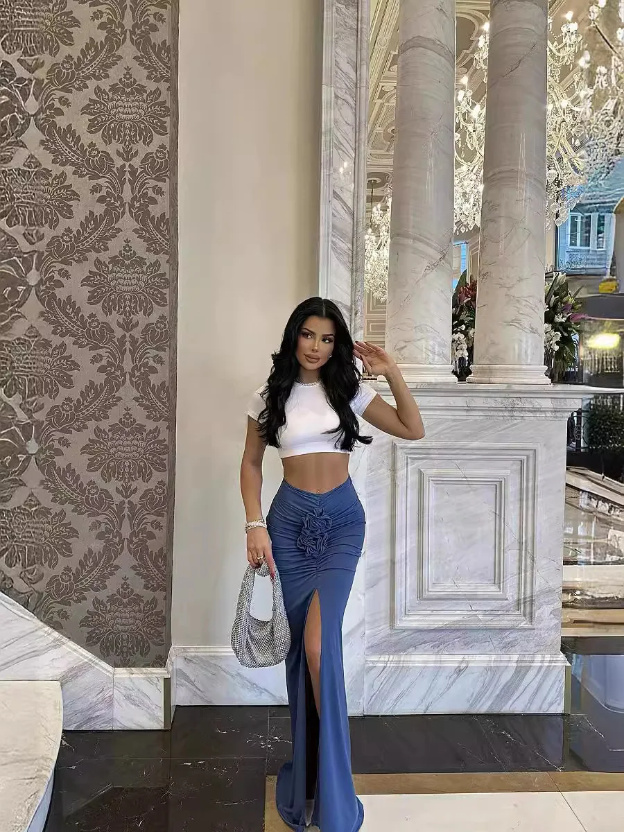 

Luxury Bodycon Midi Skirt Women's Elegant High Slit Pencil Skirt with 3D Floral Detail Stretchy Slim Fit Party Skirt for Night