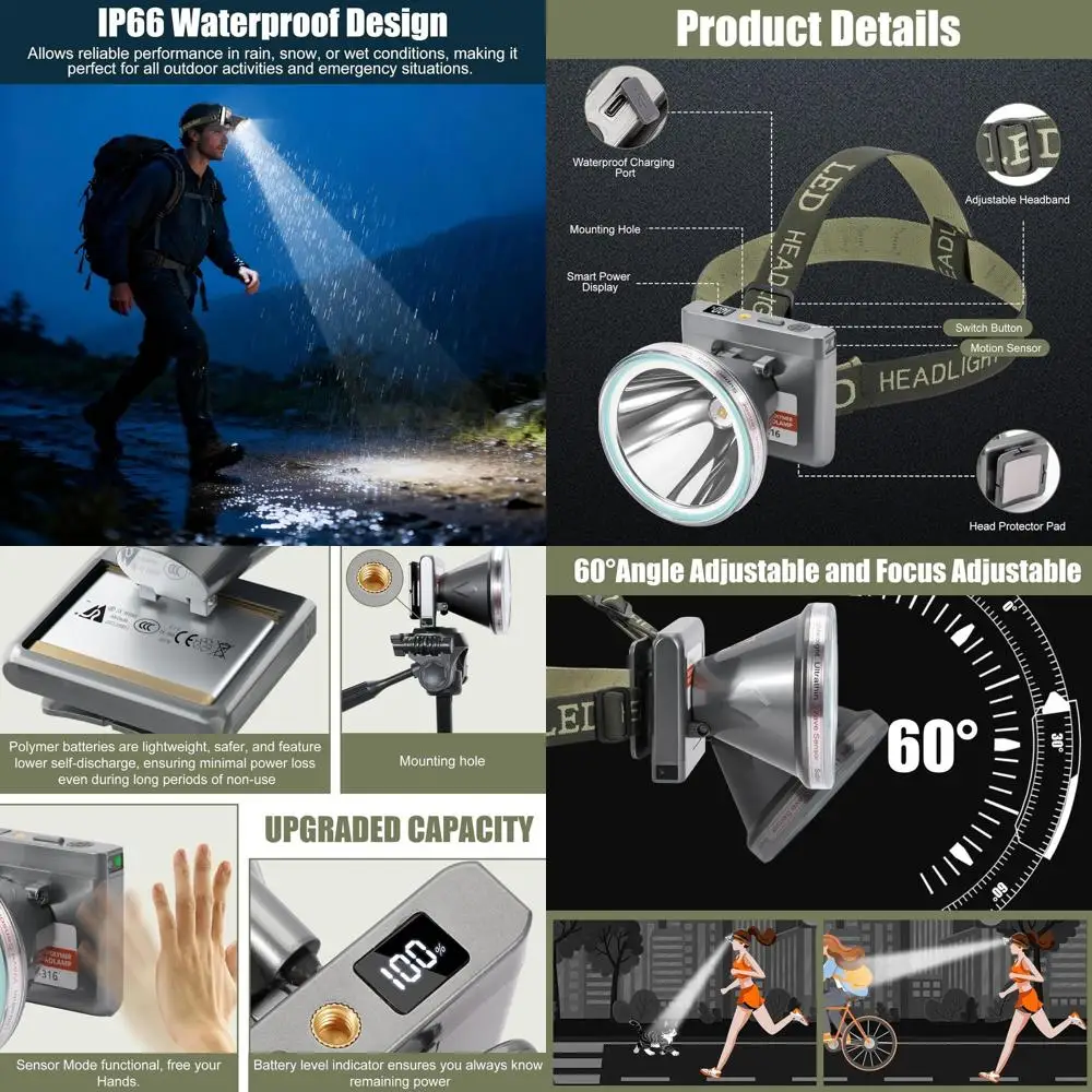 

Motion-Sensor LED Headlamp with Battery Indicator, 5 Lighting Modes, Waterproof for Outdoor Activities